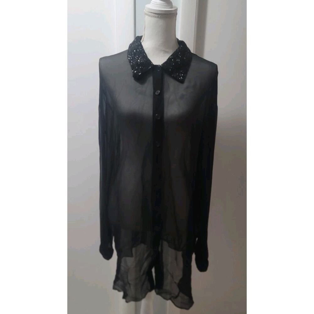 Harrison Morgan Silk Black Sheer Womans Blouse With Beaded Collar & Trim Size XL